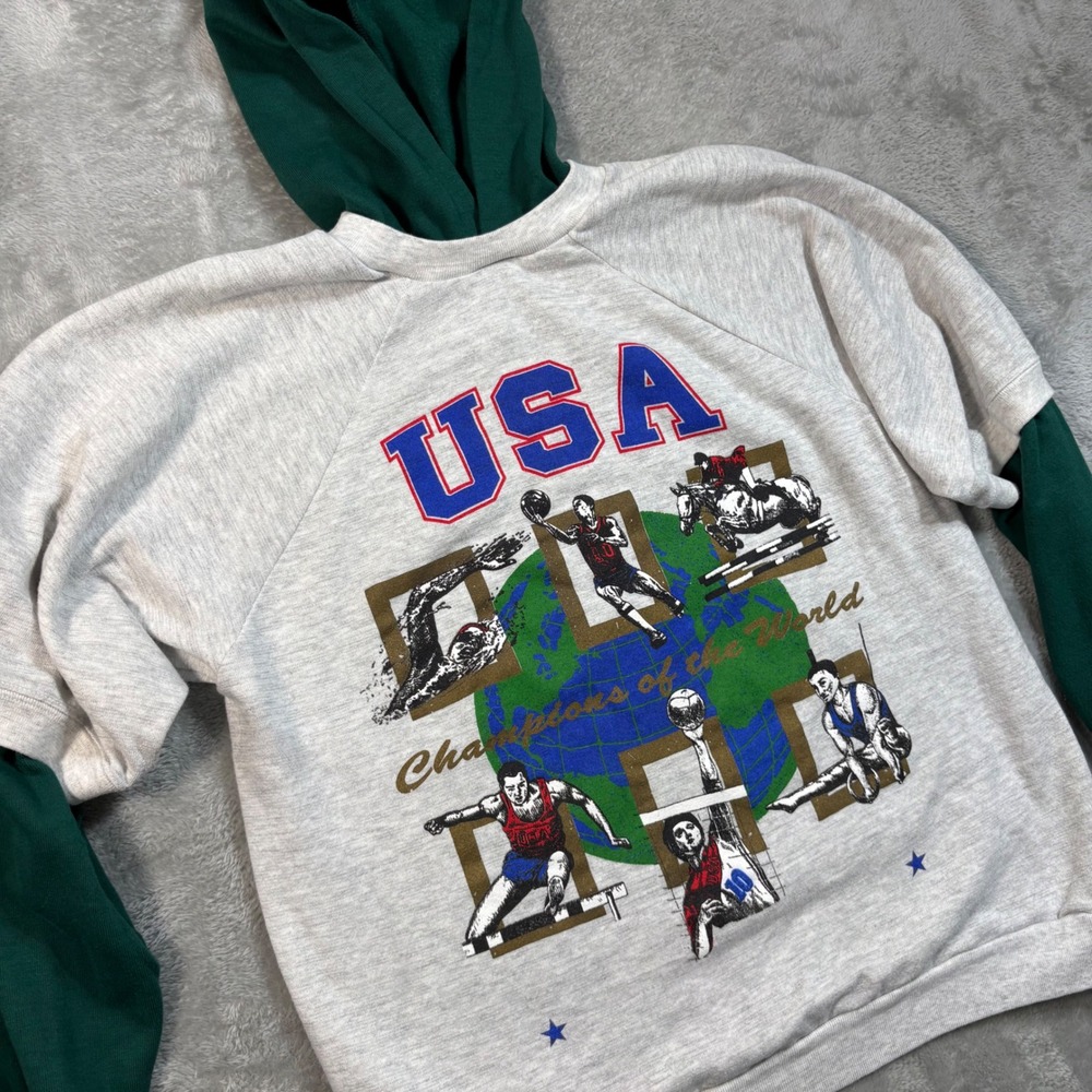 College Ware USA Hoodie Mens XL Grey Green Layered Graphic Champions World